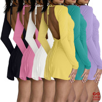 Sexy Open Back Strap Split Long Sleeve Swing Neck Dress