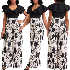 Sexy and fashionable digital printed short sleeved V-neck jumpsuit
