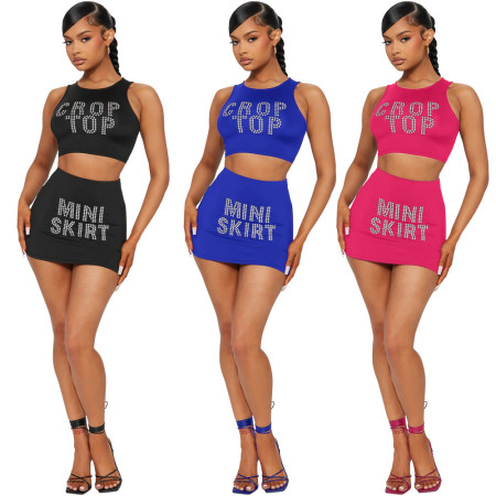 Sexy Round Neck Short Top Wrapped Hip Half Skirt Two Piece Set