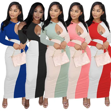 Color blocking thread hollow sexy long dress