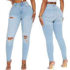 Fashion slim hole stretch jeans Slim-fit pants