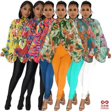 Fashionable lace up printed chiffon shirt bat sleeve top