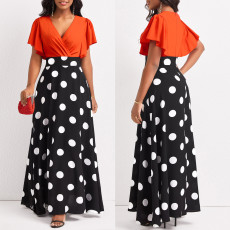Fashionable polka dot printed mid length V-neck sexy skirt