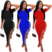 Fashionable single side large zipper ironed diamond dress