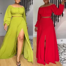 Fashion Large One Shoulder Large Dress Lantern Sleeve Two Piece Set
