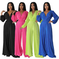Fashion V-neck pleated fabric long sleeved waist wide leg jumpsuit