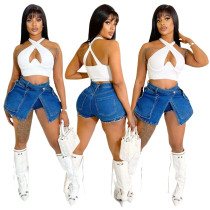 Fashion apron elastic denim shorts