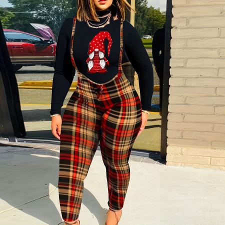 Christmas High Neck Top Plaid Strap Pants Fashion Set
