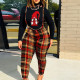 Christmas High Neck Top Plaid Strap Pants Fashion Set