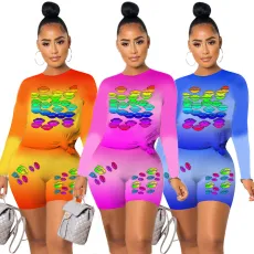 Fashion Large Lip Sport Casual Printing Gradient Two Piece Set