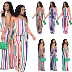 Fashion Large Hanging Neck Stripe Casual Home Two Piece Set