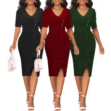 Sexy Fashion Solid V-Neck Split Dress