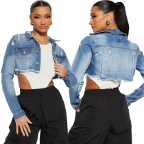 Fashionable patchwork distressed denim short jacket