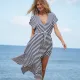 Fashion striped waist drawstring wooden bead vacation beach cover up