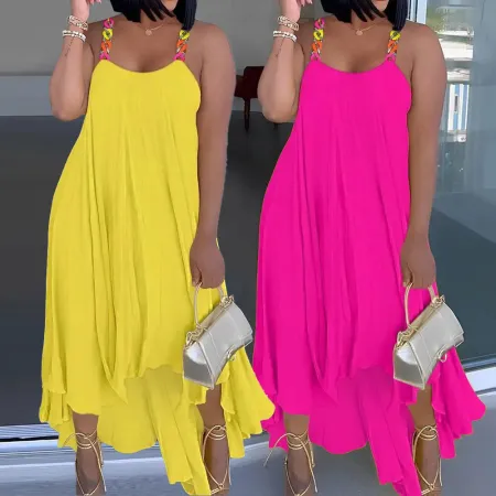 Sexy Large Chain Shoulder Strap Irregular Large Hem Strap Sleeveless Dress