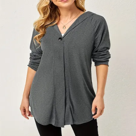Fashion casual one button cardigan jacket V-neck hooded mid length top