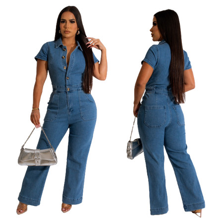 Sexy and fashionable denim jumpsuit short sleeved wide leg pants