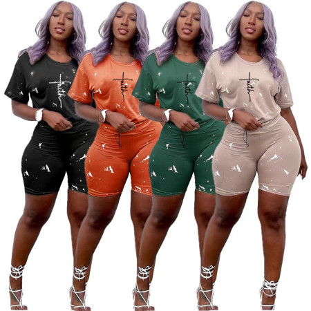 Tie dyed printed round neck fashion casual sports two-piece set