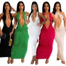 Hanging Neck Open Back Sexy V-neck Dress