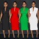 Fashionable solid color deep V sleeveless pleated dress