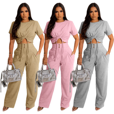 Thickened cotton short sleeved pleated T-shirt loose wide leg pants two-piece set