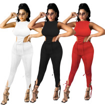 Solid round neck sexy top with tie up pants, nightclub two-piece set for Europe and America