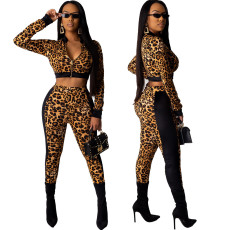 Fashion casual leopard print patchwork two-piece set
