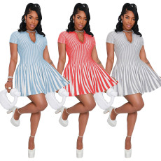V-neck short sleeved patterned striped dress