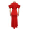 Fashionable solid color V-neck pleated high cut dress