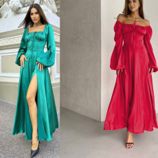 Sexy Long Sleeve Satin Off Shoulder Lace Up Dress
