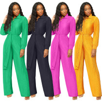 Fashionable pleated lapel long sleeved wide leg jumpsuit with waistband