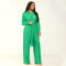 Fashionable pleated lapel long sleeved wide leg jumpsuit with waistband