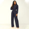 Fashionable pleated lapel long sleeved wide leg jumpsuit with waistband