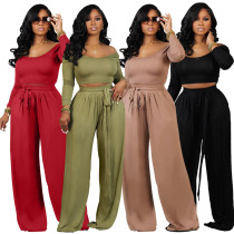 Fashion Solid Knitted Lace up Wide Leg Two Piece Set