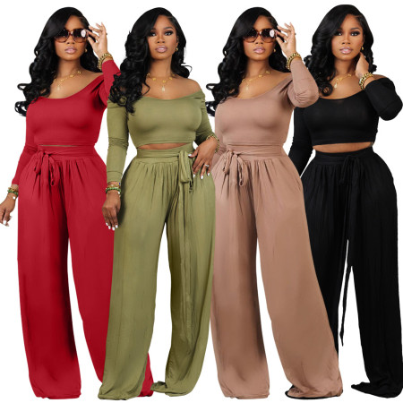 Fashion Solid Knitted Lace up Wide Leg Two Piece Set