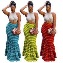 Fashion two color popcorn high waisted long skirt