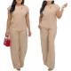Solid color diagonal buckle neck short sleeved pants loose casual set