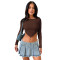 Sexy solid color pit strip long sleeve knitting short Crop top