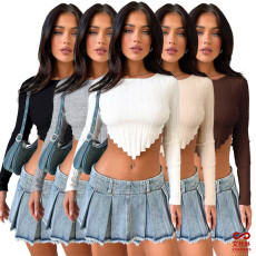 Sexy solid color pit strip long sleeve knitting short Crop top