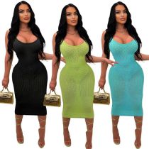 Slim fitting and hollow out sexy knitted dress with straps