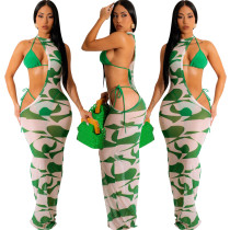 Sexy and fashionable super elastic mesh printed dress