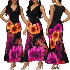 Sexy and fashionable digital printed sleeveless V-neck dress