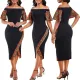 Sexy and fashionable digital printed short sleeved one line neck dress