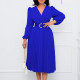 Fashionable large sleeved V-neck pleated mid length dress