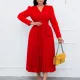 Fashionable long sleeved lace up V-neck slim fit pleated large dress
