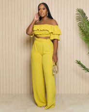 Fashion Ruffle Edge Off Shoulder Relaxed Casual Set