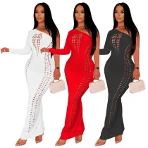 Fashionable One Shoulder Sleeve Burnt Flower Hollow Sexy Dress