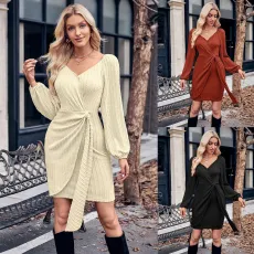 Fashion Solid V-Neck Slim Fit Tie Waist Dress
