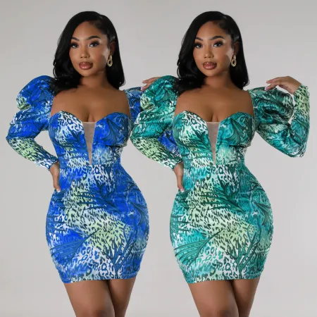 Fashionable printed bubble sleeve wrap chest and buttocks dress
