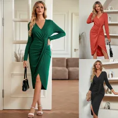 Fashionable casual solid color V-neck waistband long sleeved dress